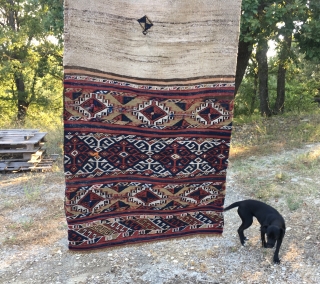 Bergama, Kilaz? Western Anatolia complete cuval with back. Cm 80x97, open is cm 80x195. Natural dyes, lots of dileks/wishes, good condition.            