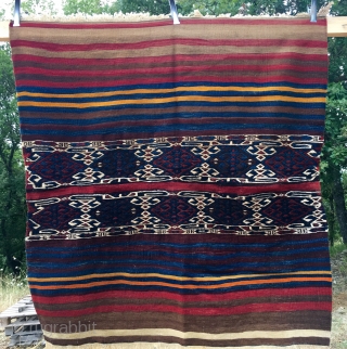 One more storage bag/cuval from Eastern Anatolia. Cm 126x136. Lovely pattern, coarse sumack weave, great natural colors. Two tiny repairs. In good condition. Want more storage bags? Ask please.
    