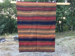 Beautiful striped Kilim with embroideries. Cm 156x207. Eastern Anatolia. In good condition, some old moth bites, one minor restoration.              