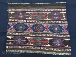 Shahsavan Eagle sumack mafrash end panel. Cm 44/47x57. Datable 1880/1890sh. Rare eagle pattern. Very fine and very very tight weave. White is cotton. The colors are magnificent, natural and deeply saturated: chestnut,  ...