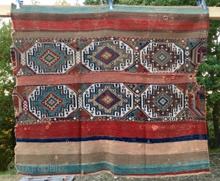 Anatolian cuval or storage bag. Cm 110x120 ca. 1880sh. Coarse wool, fine weave. Battered, wrecked but beautiful, antique, colorful, great! Reasonably priced.           