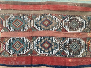 Anatolian cuval or storage bag. Cm 110x120 ca. 1880sh. Coarse wool, fine weave. Battered, wrecked but beautiful, antique, colorful, great! Reasonably priced.           