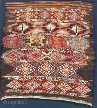 Toros mountains big cuval/bag face. Cm 90x100 ca. Early 20th century.  Goat hair warp, woolen weft, flat weave and cicim work. Mixed colors. Reasonably priced & highly enjoyable.    