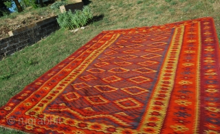 Tracia Orange Kilim from the Ottoman Balkans. Cm 390x315 or ft 12.8x10.3. Second half 19th century. In overall good condition. Few small holes, some old minor restorations. Rare, beautiful. Old pics, sorry.  ...