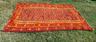 Tracia Orange Kilim from the Ottoman Balkans. Cm 390x315 or ft 12.8x10.3. Second half 19th century. In overall good condition. Few small holes, some old minor restorations. Rare, beautiful. Old pics, sorry.  ...