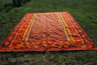 Tracia Orange Kilim from the Ottoman Balkans. Cm 390x315 or ft 12.8x10.3. Second half 19th century. In overall good condition. Few small holes, some old minor restorations. Rare, beautiful. Old pics, sorry.  ...