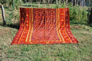 Tracia Orange Kilim from the Ottoman Balkans. Cm 390x315 or ft 12.8x10.3. Second half 19th century. In overall good condition. Few small holes, some old minor restorations. Rare, beautiful. Old pics, sorry.  ...