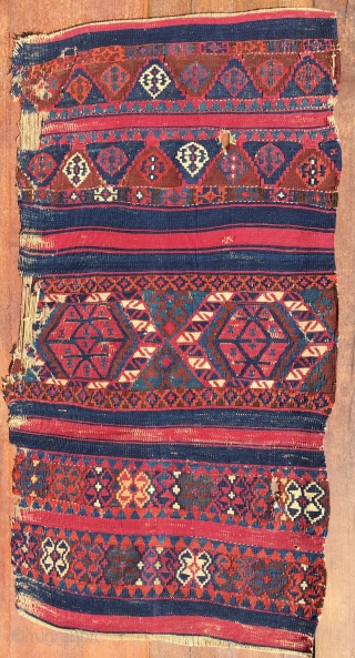 Color kilim wonder fragment. Cm 60x115 ca. 1860sh. South East Anatolia, could be Malatya area. If you succeed to bypass the condition issues of this fabulous fragment you will enjoy the wonderful  ...