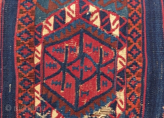 Color kilim wonder fragment. Cm 60x115 ca. 1860sh. South East Anatolia, could be Malatya area. If you succeed to bypass the condition issues of this fabulous fragment you will enjoy the wonderful  ...