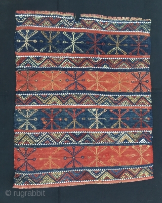 Western Anatolia, Turkey. Bergama area cuval/storage bag face. Cm 70x83. End 19th century. Beautiful natural colors: see madder red and indigo blue. A few holes and tears.      