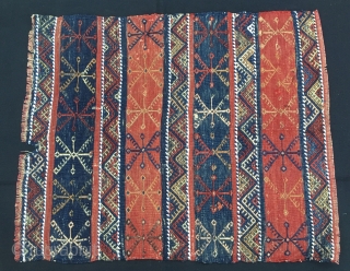 Western Anatolia, Turkey. Bergama area cuval/storage bag face. Cm 70x83. End 19th century. Beautiful natural colors: see madder red and indigo blue. A few holes and tears.      