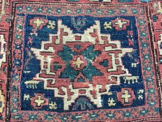 Shahsavan Lesghi Star Top Sumack bag. Cm 52x54. Mid or even first half 19th c. Very rich, very primitive weaving, very beautiful saturated natural dyes. In good condition, no rest. Available.
Please email  ...