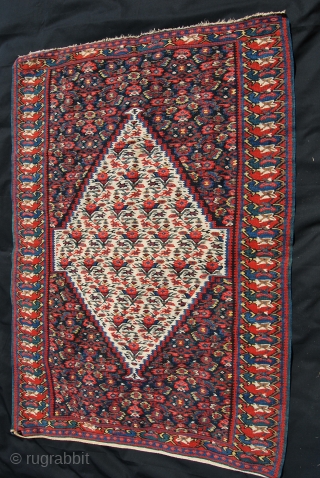 Masterpiece!
Age, balance, colors, pattern, condition......
Beautiful Senneh/Sinna kilim. Kurdistan, Western Iran. 
Cm 105x150. Late 19th/early 20th century.
Mint conditions.
Great, deep, saturated, natural colors. 
Lovely pattern with flowers, animals, symbols, etc
Please email carlokocman@gmail.com
   