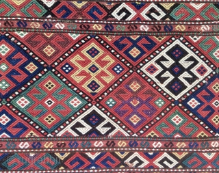 The ram horn beauty. The ram horns were symbols of power, strength, weapons, supremacy, sovereignty, regal dignity, etc... This is a Shahsavan sumack mafrash long panel filled all over with ram horns.  ...