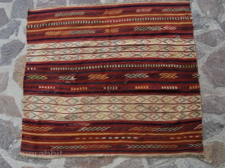 Sara-i-pul kilim fragment. Cm 118x132. Early 20th century. Afghanistan. Woven by Uzbekh tribes. Great colors, great pattern. Very thin & soft. Holes, tears, old moth problem,…..but still a nice piece. A real  ...