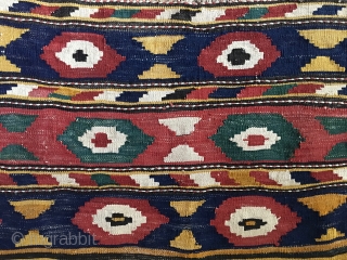 Caucasian flat weave mafrash long panel. Cm 46x96. Most probably Kazak, Bordjalu village. Macro pattern with lovely colors. In good condition.
            