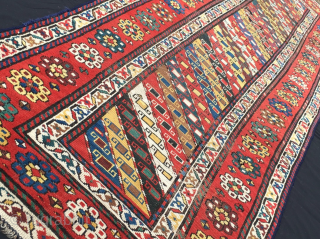 Great Caucasian rug. Not too long, beautiful. Cm 90x275. Kazak? Talish? Gendje? Doesn't matter, it's really an amazing rug with lovely pattern with all those diagonal stripes, the various colorful borders and  ...