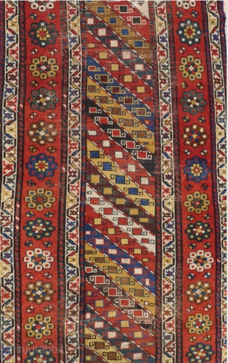 Great Caucasian rug. Not too long, beautiful. Cm 90x275. Kazak? Talish? Gendje? Doesn't matter, it's really an amazing rug with lovely pattern with all those diagonal stripes, the various colorful borders and  ...