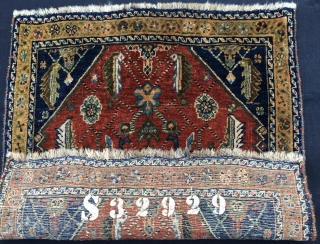 Qashqai full pile khorjin bag face. Cm 60x64. Early 20th c if not earlier. Beautiful, proportioned, interesting. Natural dyes. In good condition. The numbering on the back might be either the cataloging  ...