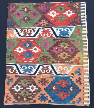 Yes, this is a great Kilim fragment! East Anatolia, I assume Reyhanli tribal group. Cm 70x90 ca. Datable 1870/1890.Wool and cotton. Most colors are present, all natural, saturated, wonderful. Pattern is also  ...