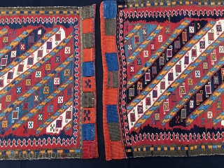 Shahsavan sumack twin khorjin bag faces. Cm 53/53 and 54/54. Age: 100 to 110 years imho. Great pattern. Lovely colors. As usual at this age orange might not be natural. Difficult to  ...