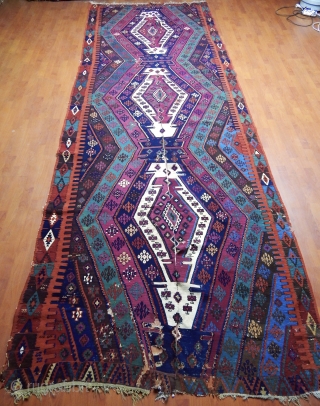 Armenian Reshwani kilim. Cm 160x420. Unusual Reshwani dyed certainly by an Armenian expert dyer who used as much dye as it could be used for 4, 5 kilims. Yes, colors are deeply  ...