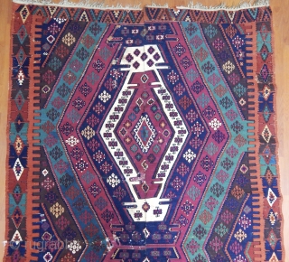 Armenian Reshwani kilim. Cm 160x420. Unusual Reshwani dyed certainly by an Armenian expert dyer who used as much dye as it could be used for 4, 5 kilims. Yes, colors are deeply  ...