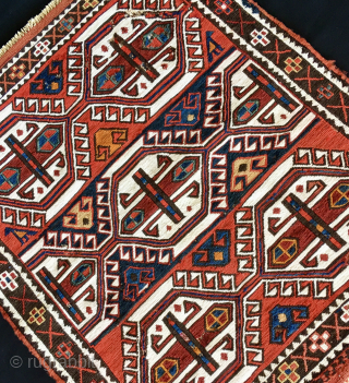 Khyzy or Xizi ----------- 
Azerbaijan sumack khorjin bag face. 
Cm 43x49. Late 19th, early 20th century, so 100 to 120 years old. 
North east of Baku. 
Beautiful, rare, proportioned, collectable. 
Most colors  ...