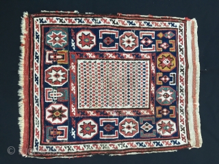 Azerbaijan. Baku sumack khorjin bag face. Cm 34x42. 4th quarter 19th century. Lovely pattern, great natural saturated colors. A little tribal textile jewel.          