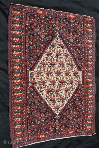 Beautiful Senneh/Sinna kilim. Kurdistan, Western Iran. Cm 105x150. Late 19th/early 20th century. Mint conditions. Great, deep, saturated, natural colors. Lovely pattern with flowers, animals, symbols, etc. See more pics on Facebook: http://www.facebook.com/media/set/?set=a.10151277348899258.521308.358259...  ...