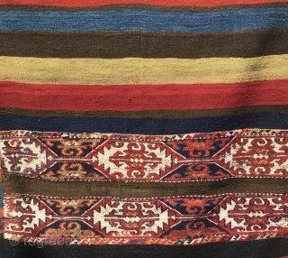 Antique Wonderful East Anatolian Storage bag or cuval.
Size is cm 110x150.
Datable to the 3rd/4th quarter of the 19th century.
Elegant, beautiful, detailed graphics.
Flat and sumack weaving.
Awesome deeply saturated natural colors.
After 100 and over  ...