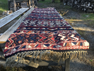 Sinanli, Reshwani group kilim.
Turkey, Eastern Anatolia, Malatya
Cm 85x310.
End 19th century.
Super color saturation.
Wool, cotton, metal thread.
Great condition.
Available by DM and/or email: carlokocman@gmail.com
            