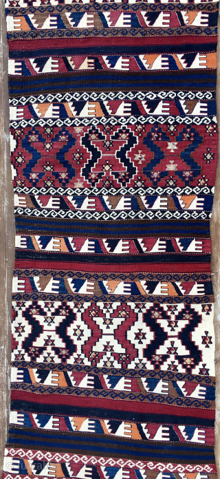 Sinanli, Reshwani group kilim.
Turkey, Eastern Anatolia, Malatya
Cm 85x310.
End 19th century.
Super color saturation.
Wool, cotton, metal thread.
Great condition.
Available by DM and/or email: carlokocman@gmail.com
            
