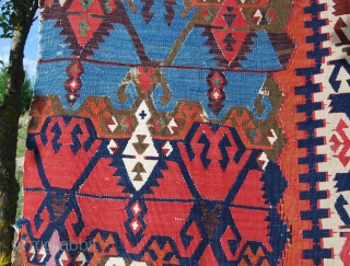 Antique Malatya kilim strip. Size is cm 75x395 or 2'8"x11'2" ca. Age is first quarter 19th century. Colors are simply wonderful: indigo, green, madder, cochineal, aubergine, etc....all fantastic. Some brown must have  ...