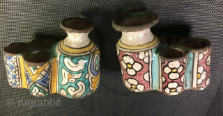 Madrasa old porcelain inkwells

Such inkwells were used in the madrasas or Koranic schools in Mauritania and Morocco and were most probably made in Fes, the porcelain center in Morocco.
Size is cm 6x9x12  ...