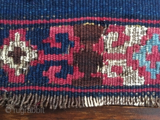 Reshwani/Sinanli kilim fragment. Cm 70x90. Datable 1840/1860. Amazing textile with lots of cochineal, indigo and metal thread. Worn, torn, battered, but still glowing with lots of character, aura, power. Great colors.
  