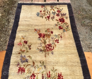 Flower vintage yatak or sleeping rug. Cm 140x240 ca. Datable 1920/1940. Central Anatolia, could be Karapinar. Very high pile. Beige field with blueish border. Condition issues: a couple of small moth holes  ...