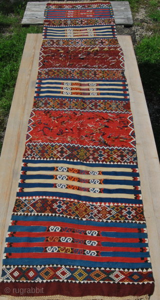 Eastern Anatolia Malatya wedding kilim strip. 
Probably Sinanli tribal group work. 
Size is cm 88x372. 
Datable end 19th/early20th century. 
In mint condition. Great, natural colors. 
Lots of "dileks"/wishes.
Pls email carlokocman@gmail.com   
