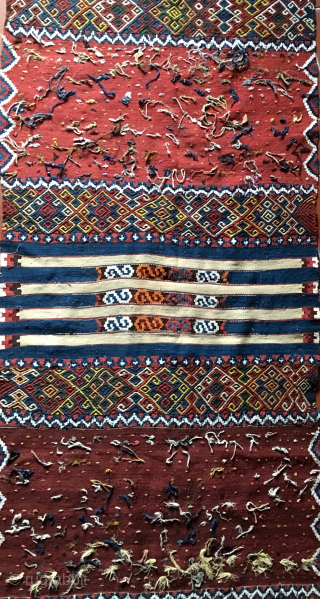 Eastern Anatolia Malatya wedding kilim strip. 
Probably Sinanli tribal group work. 
Size is cm 88x372. 
Datable end 19th/early20th century. 
In mint condition. Great, natural colors. 
Lots of "dileks"/wishes.
Pls email carlokocman@gmail.com   
