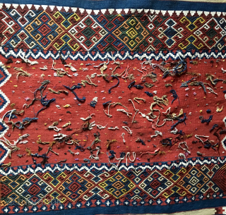 Eastern Anatolia Malatya wedding kilim strip. 
Probably Sinanli tribal group work. 
Size is cm 88x372. 
Datable end 19th/early20th century. 
In mint condition. Great, natural colors. 
Lots of "dileks"/wishes.
Pls email carlokocman@gmail.com   