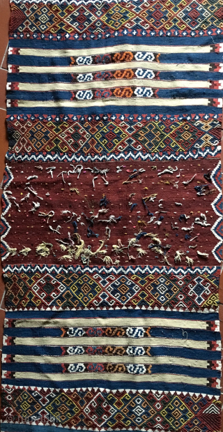 Eastern Anatolia Malatya wedding kilim strip. 
Probably Sinanli tribal group work. 
Size is cm 88x372. 
Datable end 19th/early20th century. 
In mint condition. Great, natural colors. 
Lots of "dileks"/wishes.
Pls email carlokocman@gmail.com   