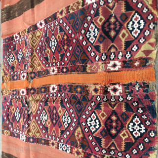 Pair of antique, fragmented East Anatolian cuvals/storage bags
Most probably Sinanli tribal group work
Or Reyhanli?
Datable to the 3rd quarter of the 19th century or even earlier
Great star pattern
Some metal thread here & there
Awesome  ...