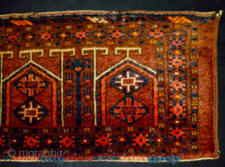 Turkmen Ersari trapping. Cm 33x170. Late 19th/early 20th century. In good condition, full pile. Beautiful collection item. Lovely yurt design with trees in between. The graphic is great! 
    