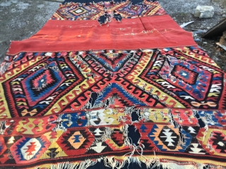 19th Century Fethiye camel cover kilim fragment. Cm 145x235. Antique, beautiful & rare. Distressed but powerful, very powerful. Still "alive", speaking! Needs either a loving collector or a skilful restorer. Great colors  ...