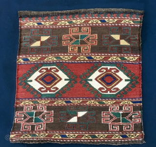 Shahsavan sumack mafrash panel. Cm 46x50. A mafrash end panel or a khorjin bag face?  End 19th c. Hypnotic eye dazzler. Fantastic saturated colors, great archaic pattern, in good condition,…..an eye  ...