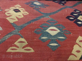 Sarkoy kilim cushion.
Size is in cm: width 45, lenght 100, height 12.
This lovely cushion was made with an antique & wonderful Sarkoy kilim fragment.
The fragment is datable back at least to the  ...