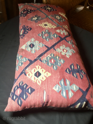 Sarkoy kilim cushion.
Size is in cm: width 45, lenght 100, height 12.
This lovely cushion was made with an antique & wonderful Sarkoy kilim fragment.
The fragment is datable back at least to the  ...