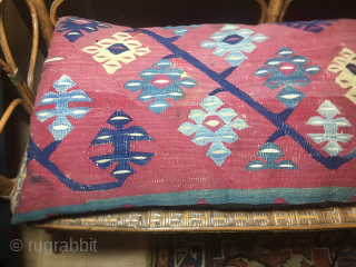 Sarkoy kilim cushion.
Size is in cm: width 45, lenght 100, height 12.
This lovely cushion was made with an antique & wonderful Sarkoy kilim fragment.
The fragment is datable back at least to the  ...