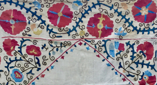 Extremely beautiful Suzani Kapunuk or wall/door hanging. 
Cm 142x216. 
Late 19th century, or even earlier. 
Pure natural silk on cotton. 
Wonderful natural colors. Plenty of indigo and madder nuances.
Great workmanship.  
Some  ...