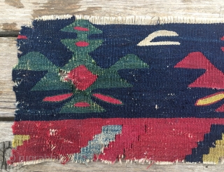 Sarkoy kilim fragment. Cm 18X55. 2nd half 19h c. Very fine weave. Wonderful colors. Long story behind this fragment: about 40 years ago 2 guys from Serbia found/bought a wooden chest in  ...